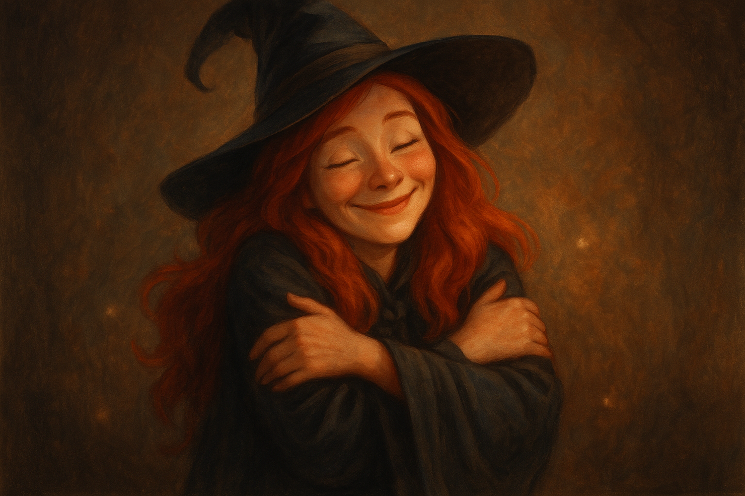 image of witch with red hair hugging herself and smiling